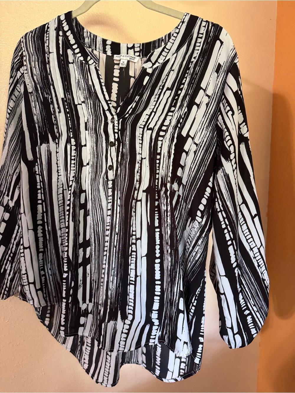 Notations Black & White Striped V-Neck Button-Front Blouse